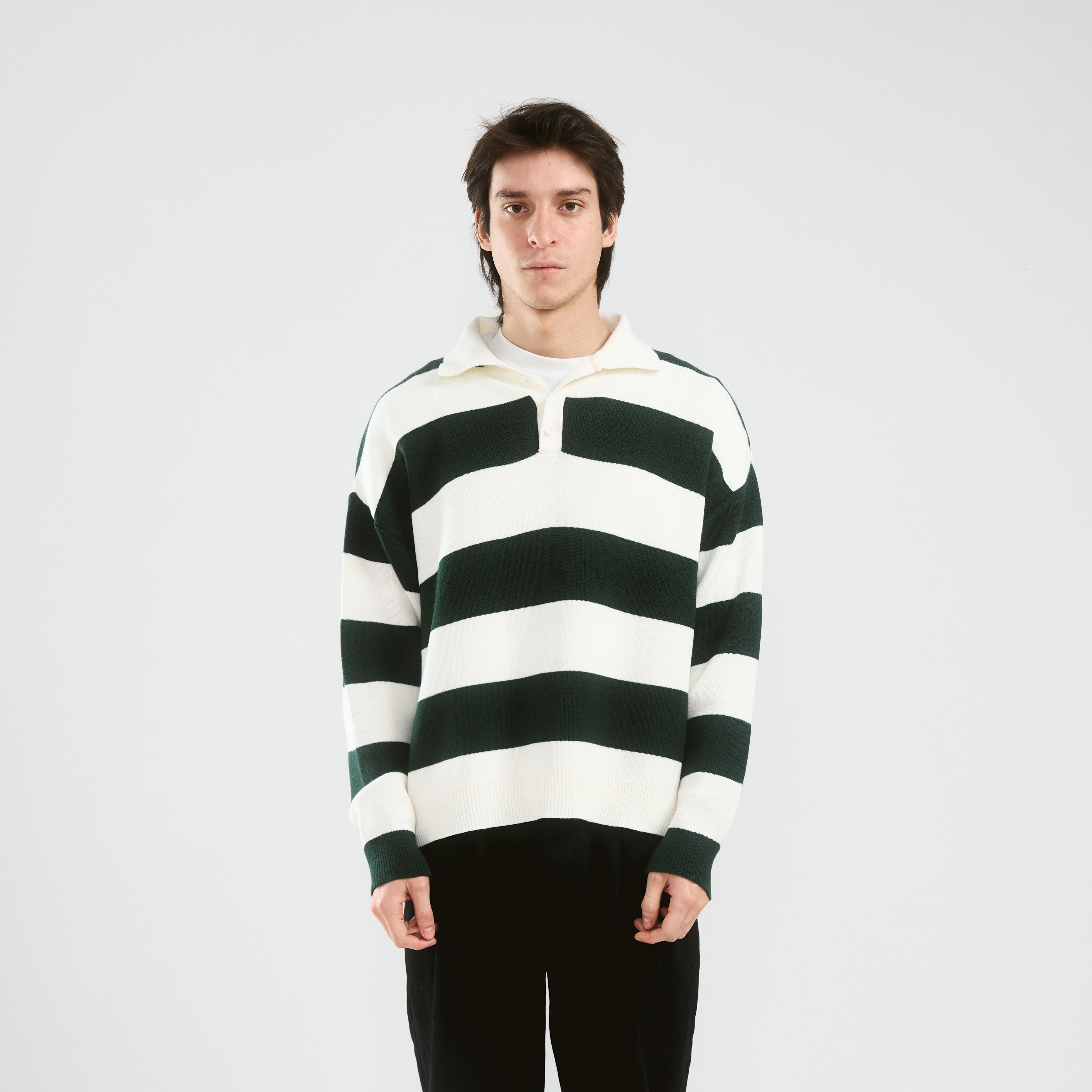Striped Knit Polo | Dark Green