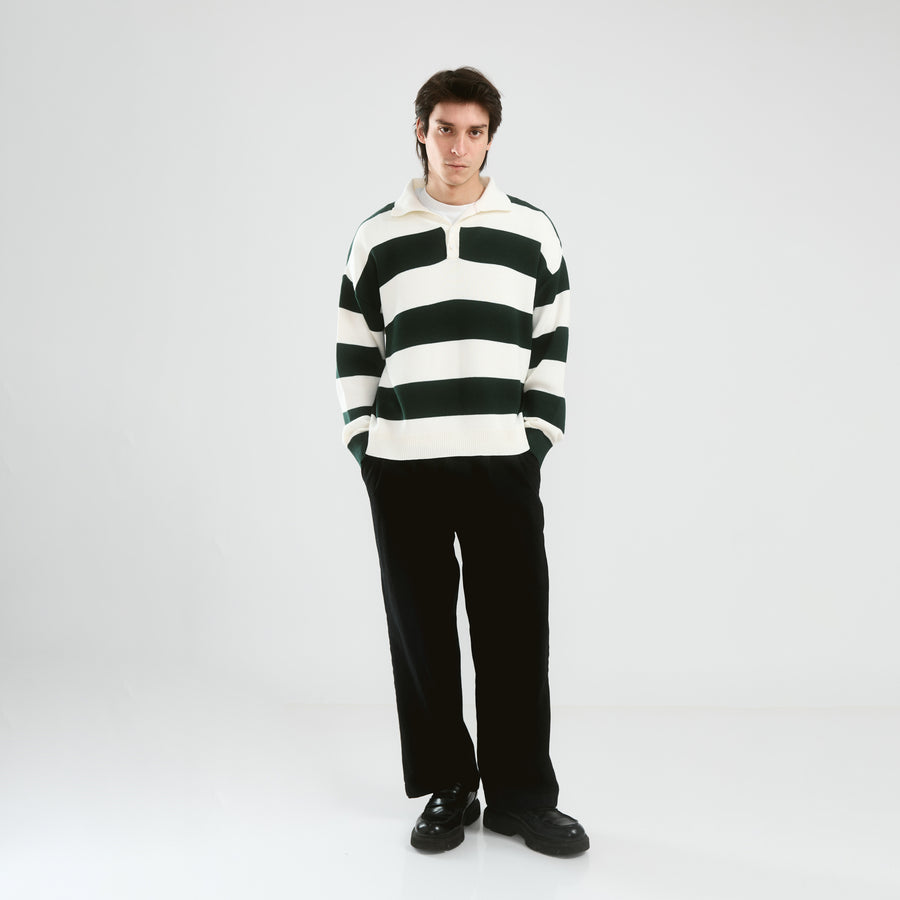 Striped Knit Polo | Dark Green